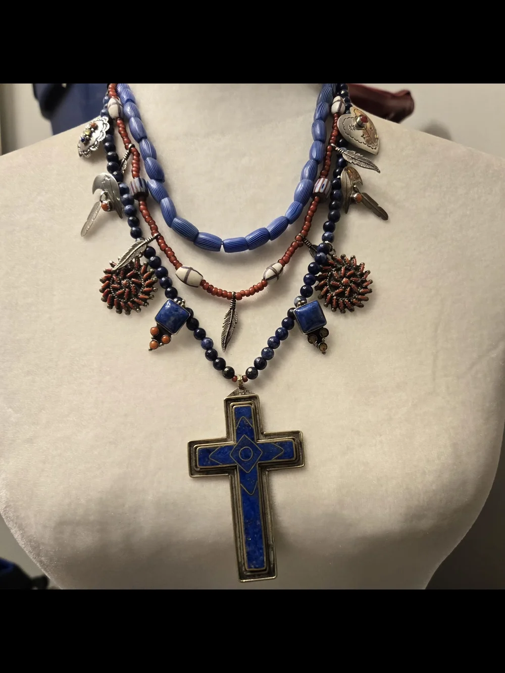 Vintage 925 Tasco Layered Blue & Coral Beaded Cross Necklace - Unbranded